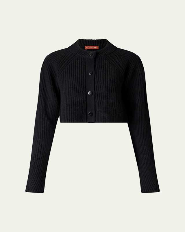 Drew Ribbed Wool Cashmere Cropped Cardigan Sweater